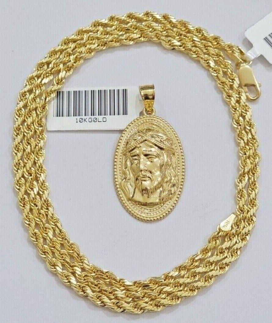 10k Gold Rope Chain Jesus Head Charm Pendant Set 18 - 28" Inch 3mm Necklace REAL - GoldenlinQ